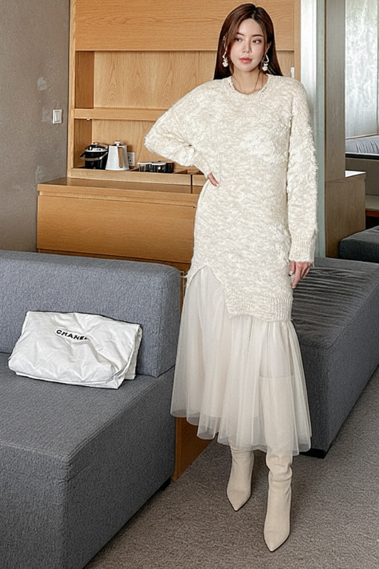 Beige Tulle Tunic/Short Dress