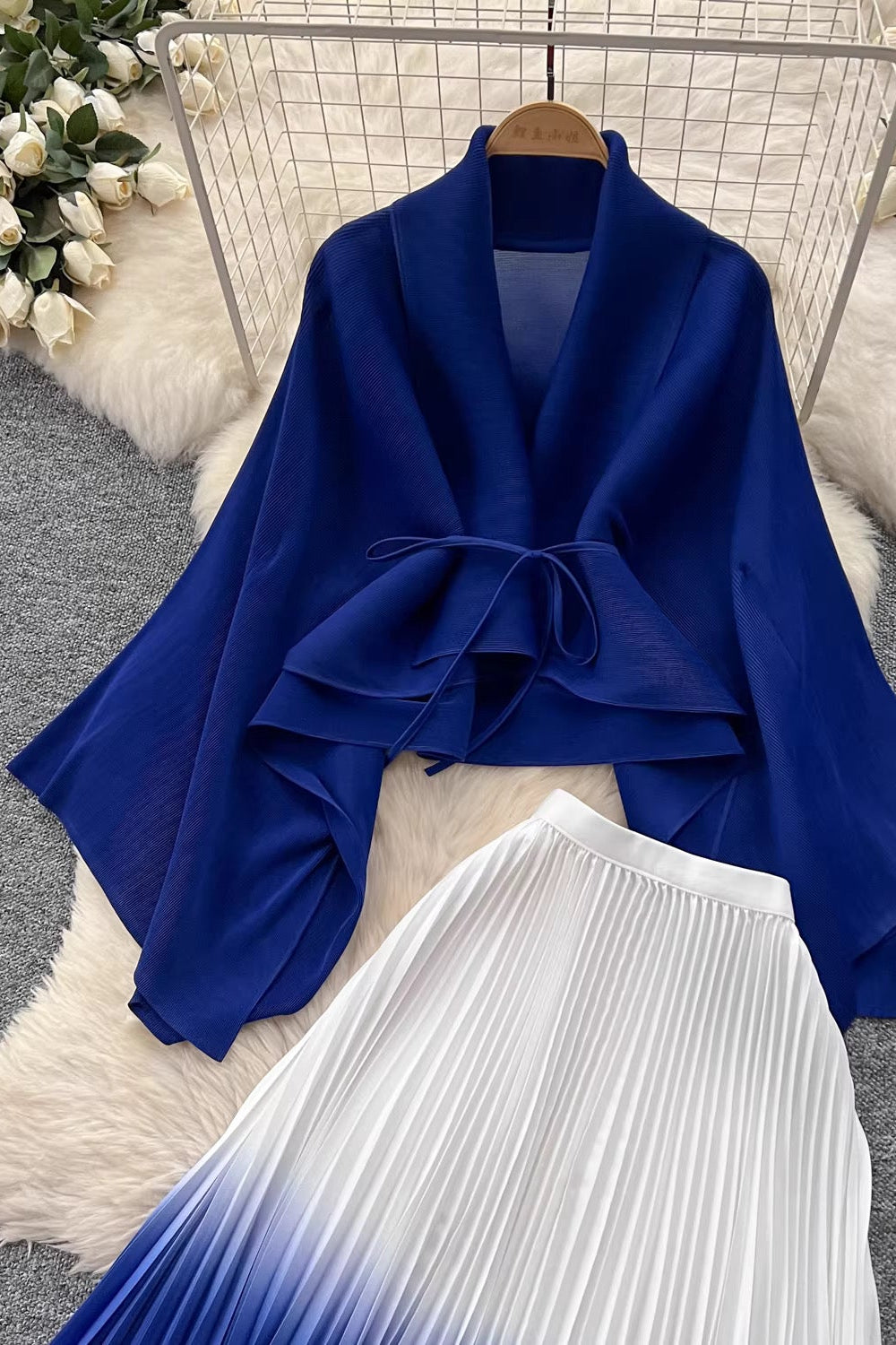 Pleated Skirt Set-Blue