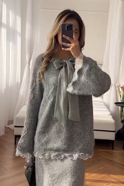 Lace Skirt 2 Pieces Set-Gray