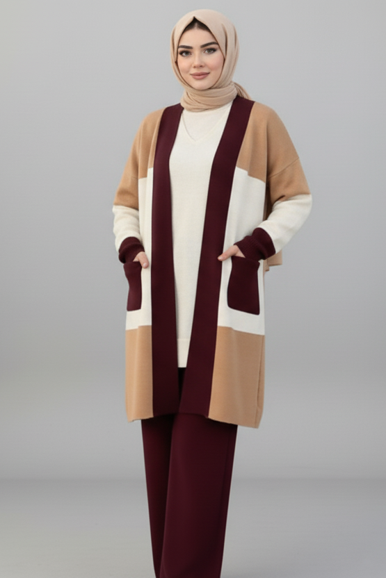 Orange/Burgundy 3 pieces Elegant Knit Suit