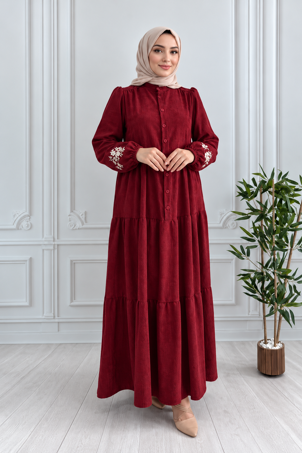 Embroided Layered Dress - Dark Red