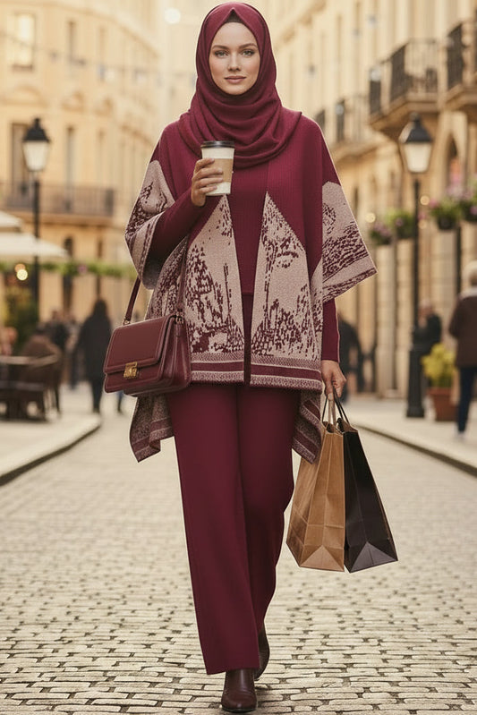 Dark Red 3 Pieces Elegant Printed Suit