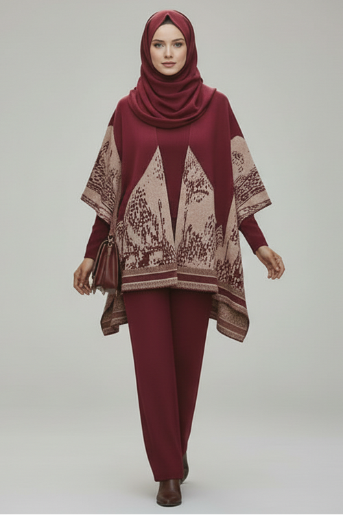 Dark Red 3 Pieces Elegant Printed Suit