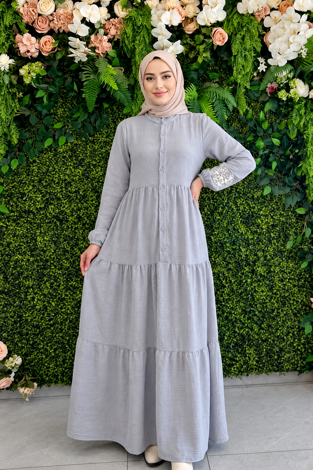 Embroided Layered Dress - Gray