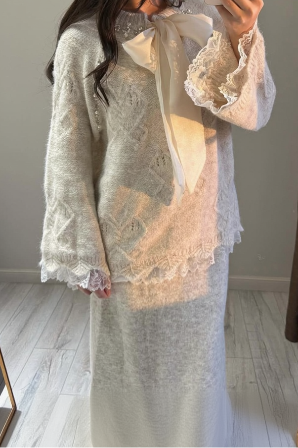 Lace Skirt 2 Pieces Set-Beige