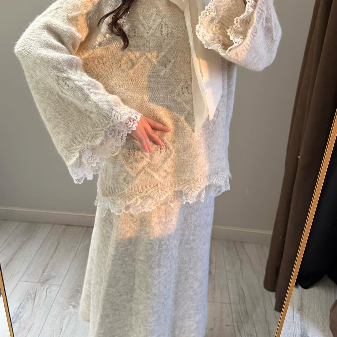 Lace Skirt 2 Pieces Set-Beige