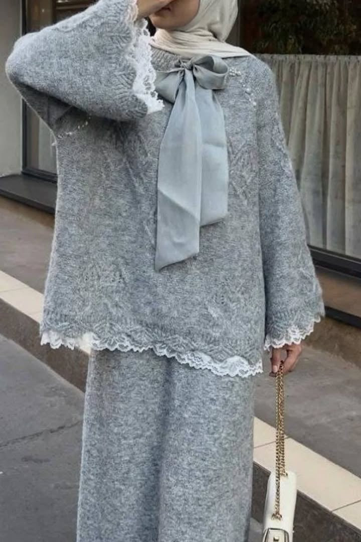 Lace Skirt 2 Pieces Set-Gray