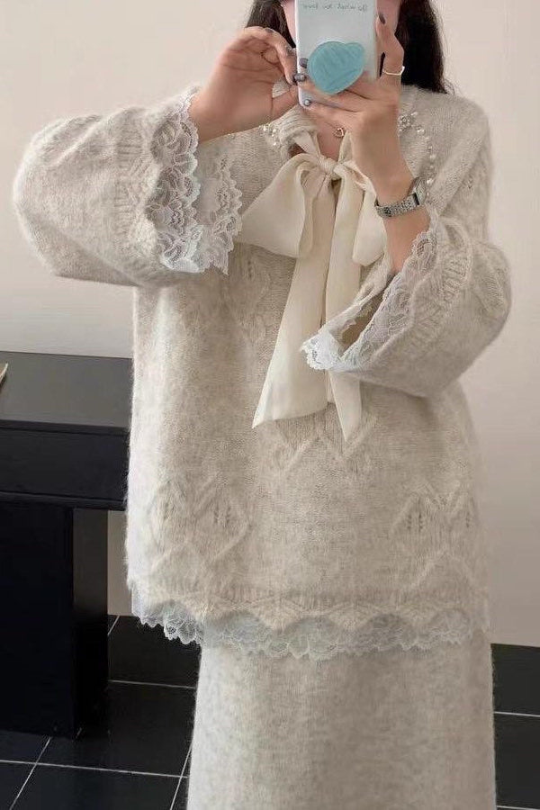 Lace Skirt 2 Pieces Set-Beige