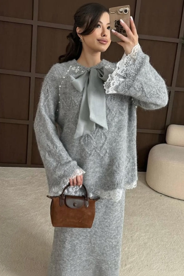 Lace Skirt 2 Pieces Set-Gray