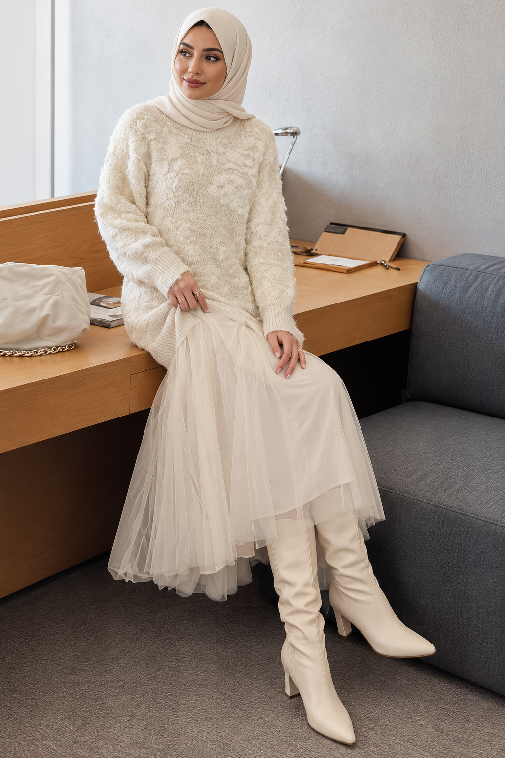 Beige Tulle Tunic/Short Dress