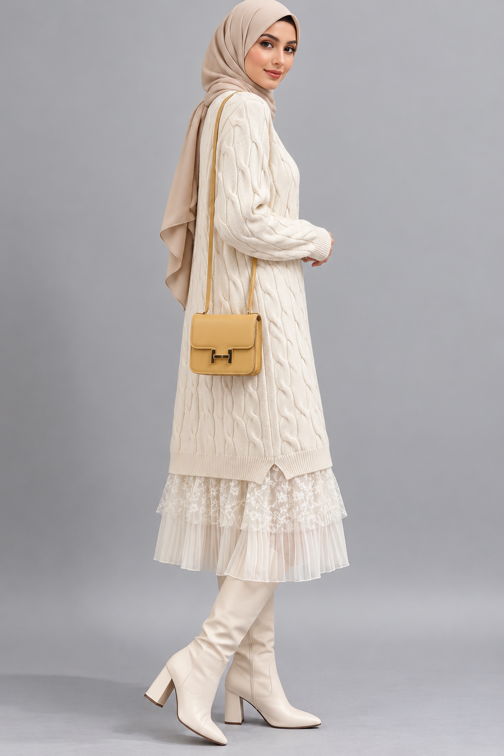 Knit Lace Tunic-Beige
