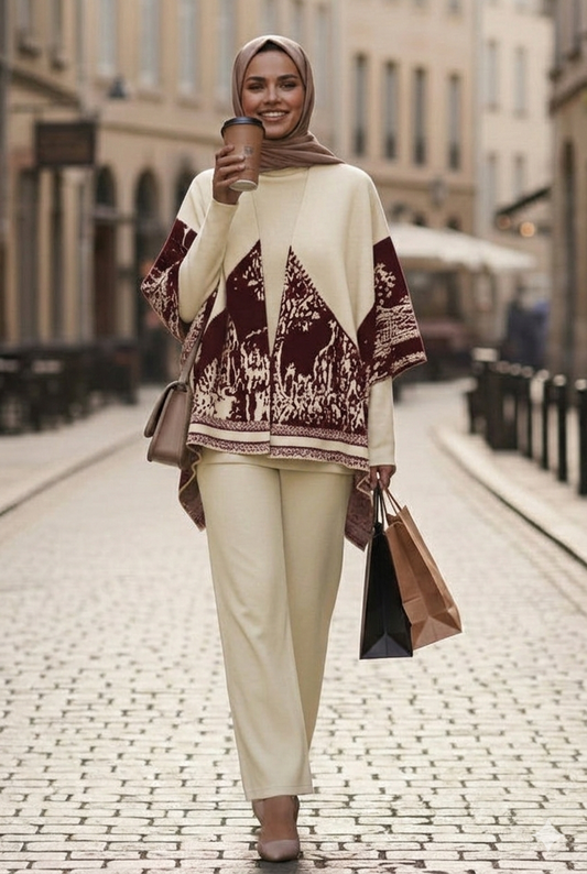 Beige 3 Pieces Elegant Printed Suit