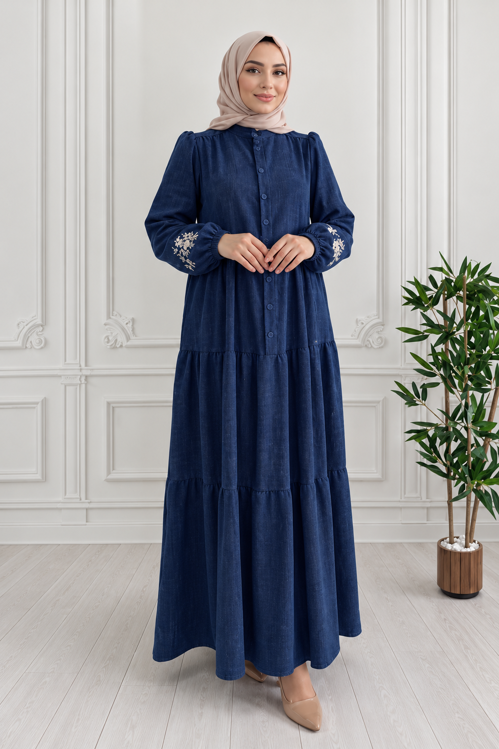 Embroided Layered Dress - Navy