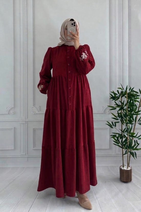 Embroided Layered Dress - Dark Red