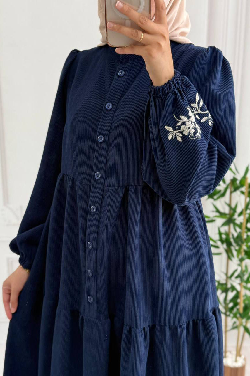 Embroided Layered Dress - Navy