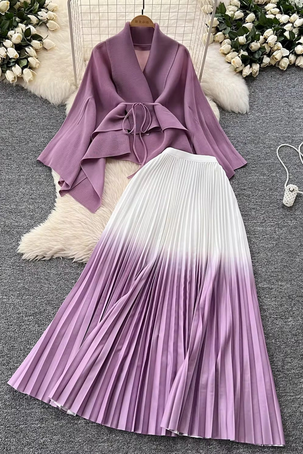 Pleated Skirt Set-Purple
