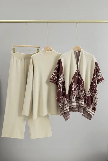 Beige 3 Pieces Elegant Printed Suit