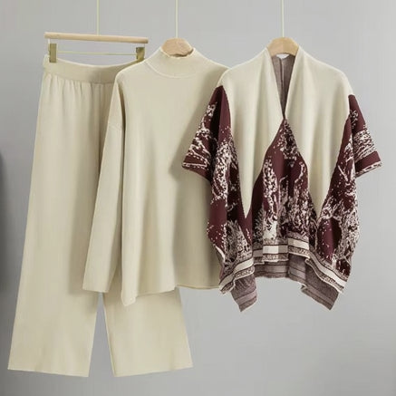 Beige 3 Pieces Elegant Printed Suit