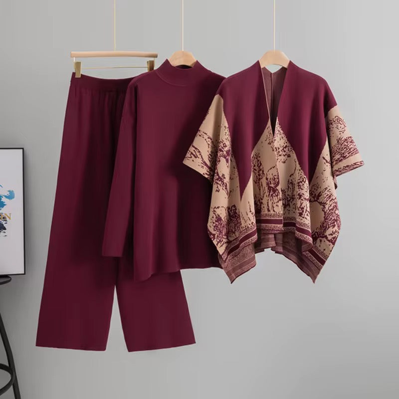 Dark Red 3 Pieces Elegant Printed Suit