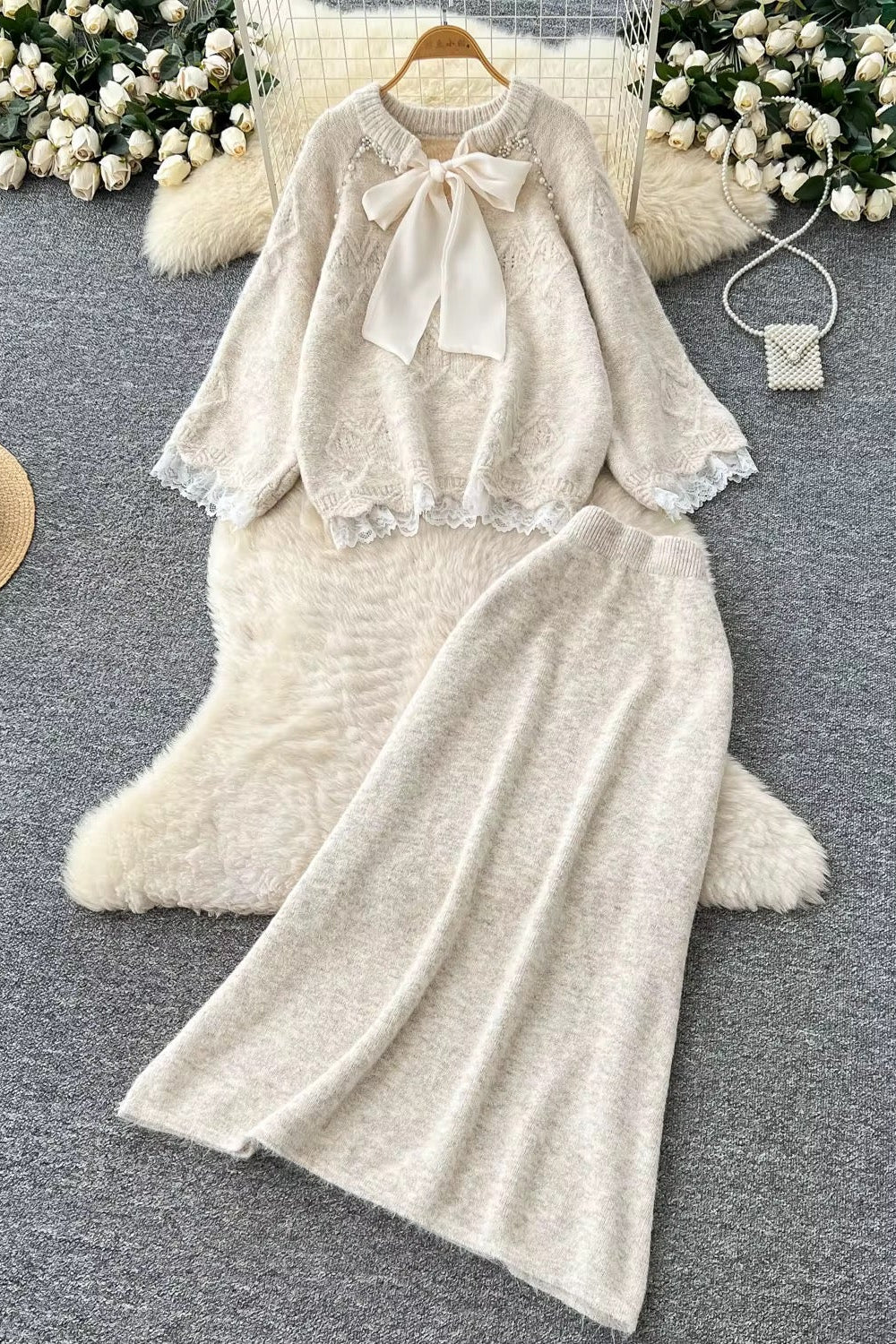 Lace Skirt 2 Pieces Set-Beige
