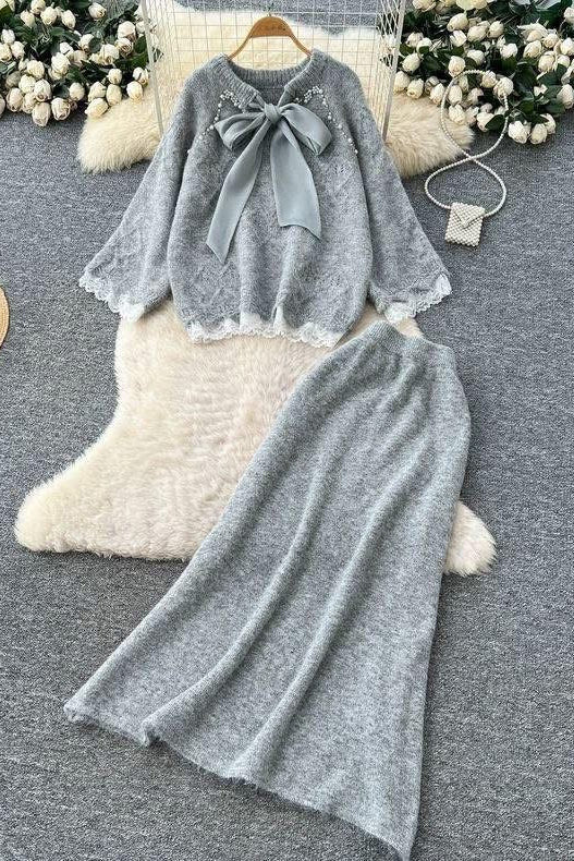 Lace Skirt 2 Pieces Set-Gray