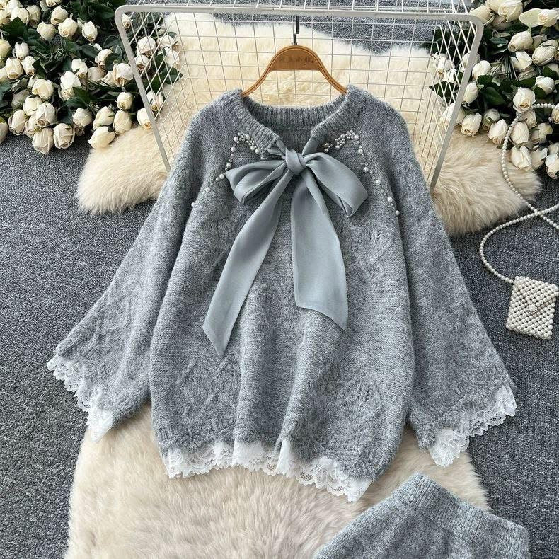 Lace Skirt 2 Pieces Set-Gray