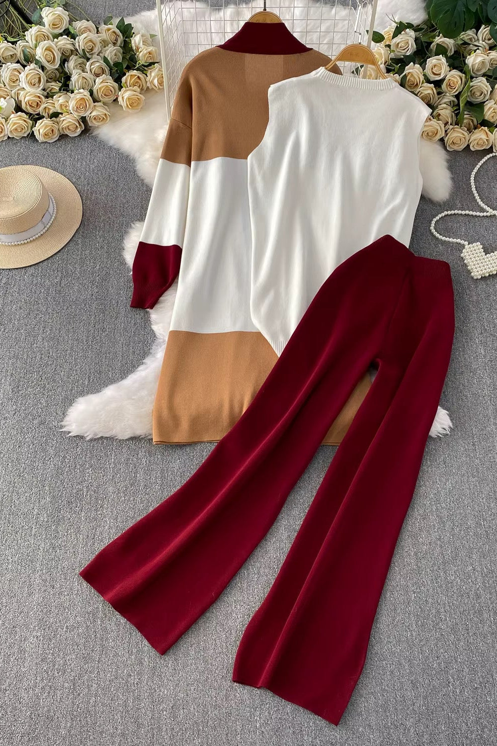 Orange/Burgundy 3 pieces Elegant Knit Suit