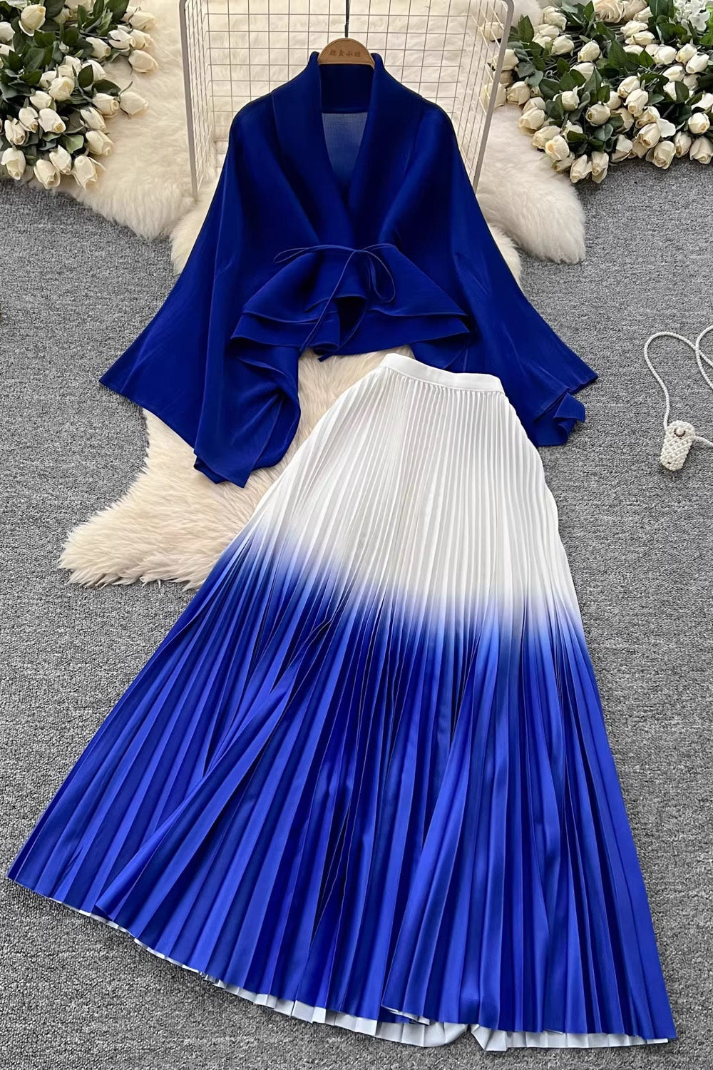 Pleated Skirt Set-Blue