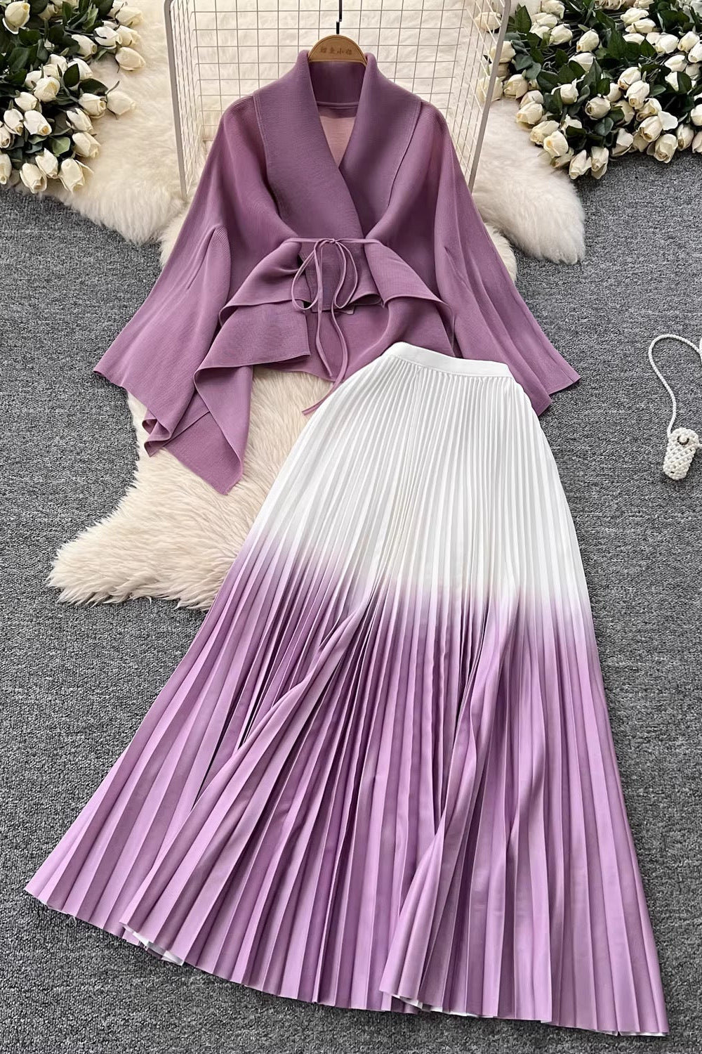 Pleated Skirt Set-Purple