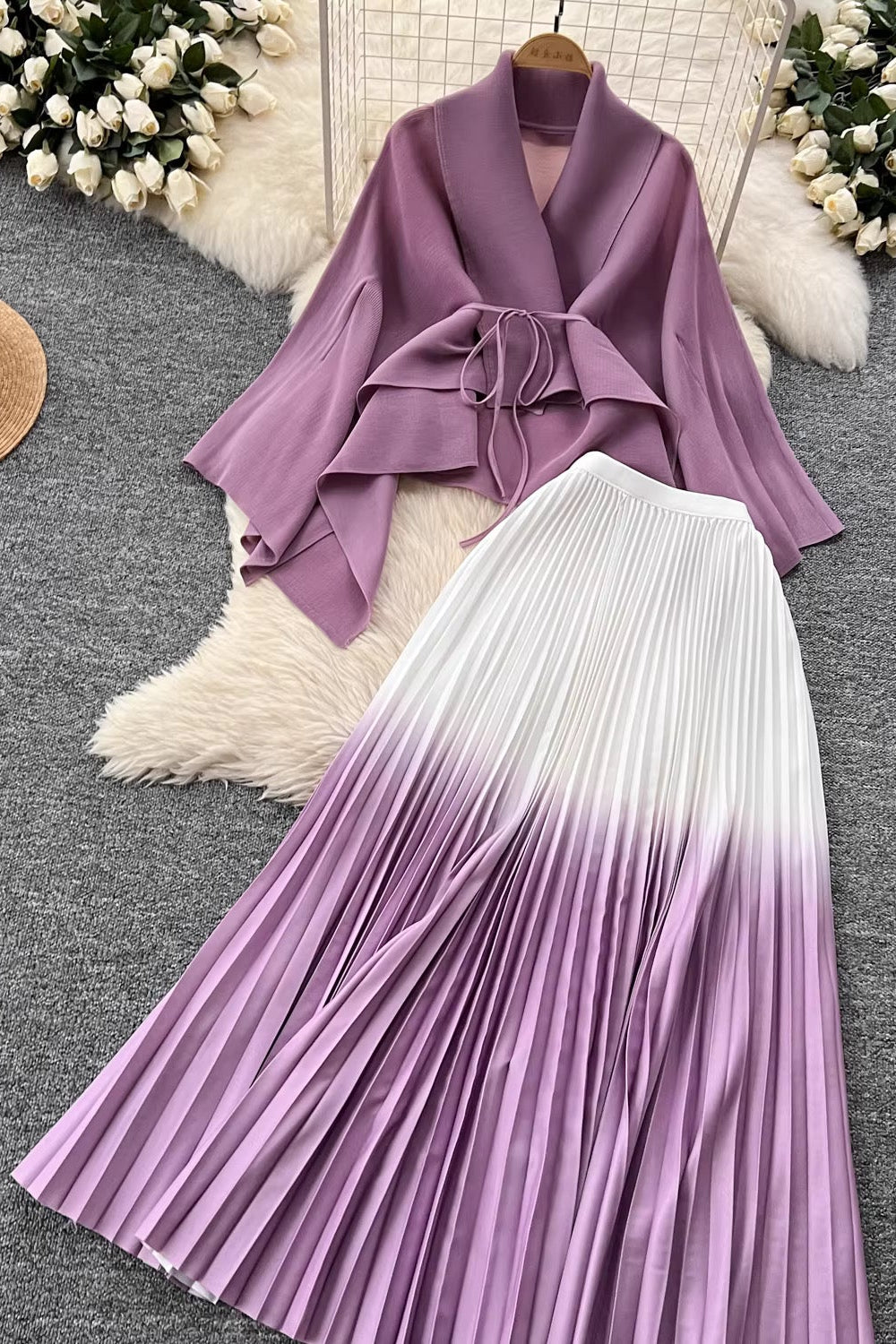 Pleated Skirt Set-Purple