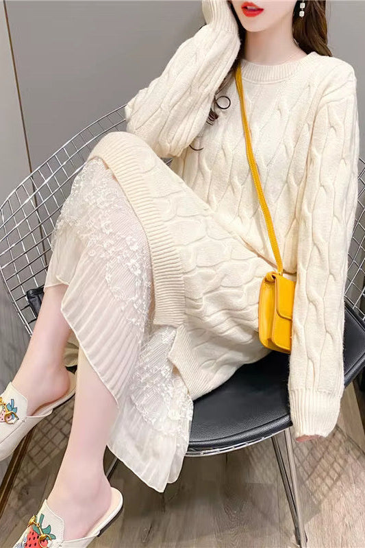 Knit Lace Tunic-Beige