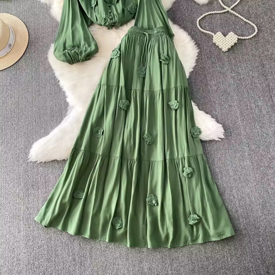 Green Floral Skirt Set