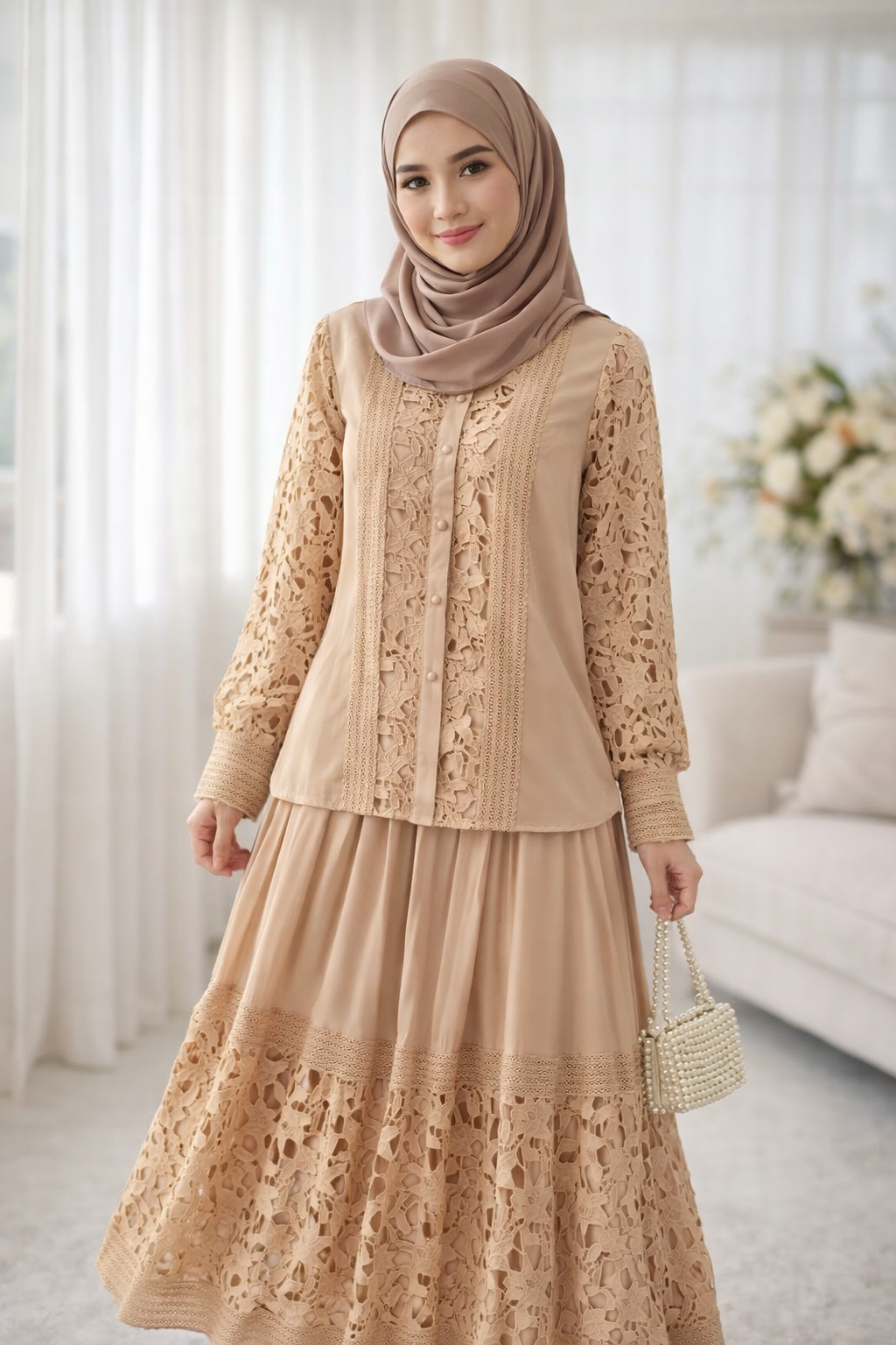 Beige Lace Skirt Set