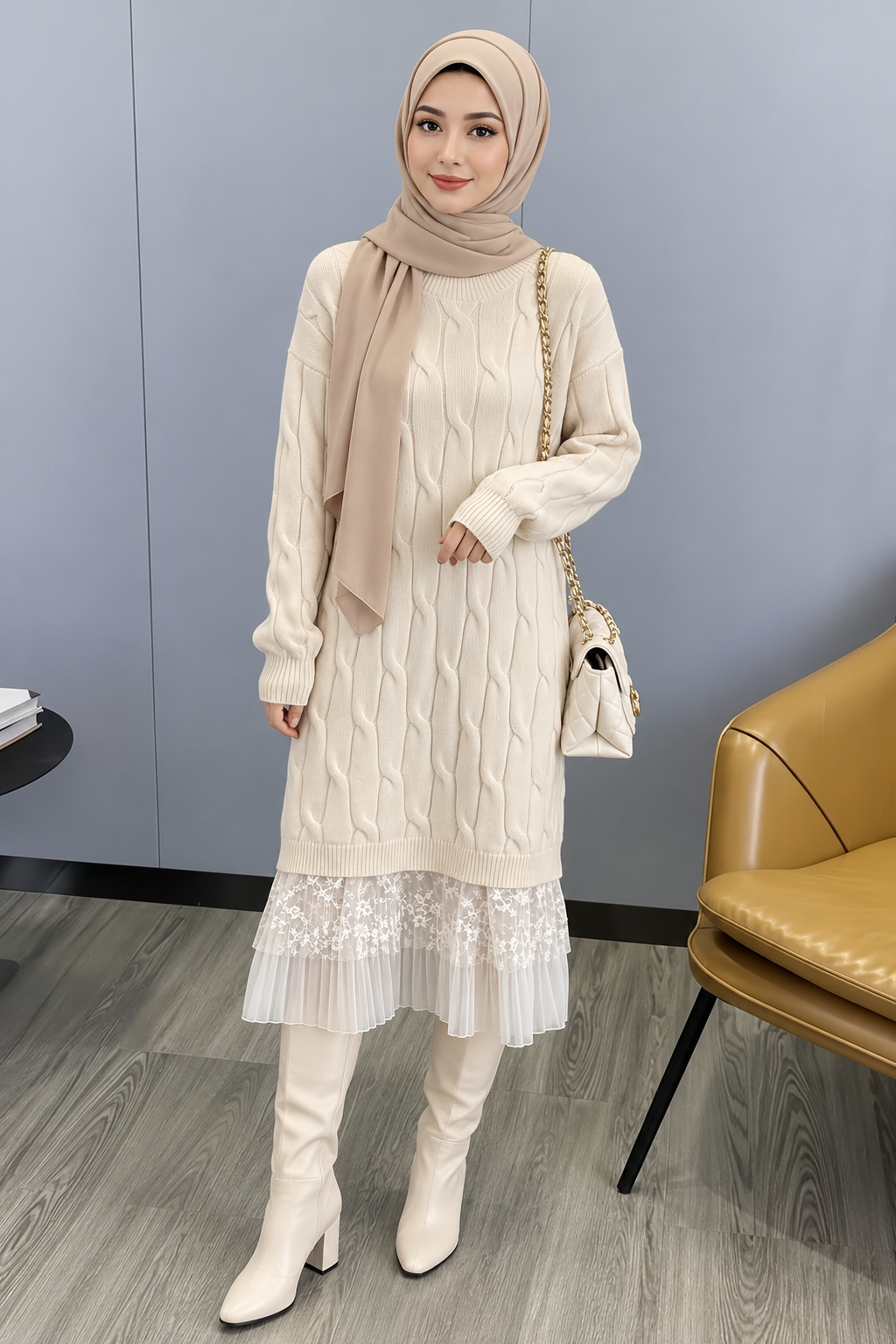 Knit Lace Tunic-Beige