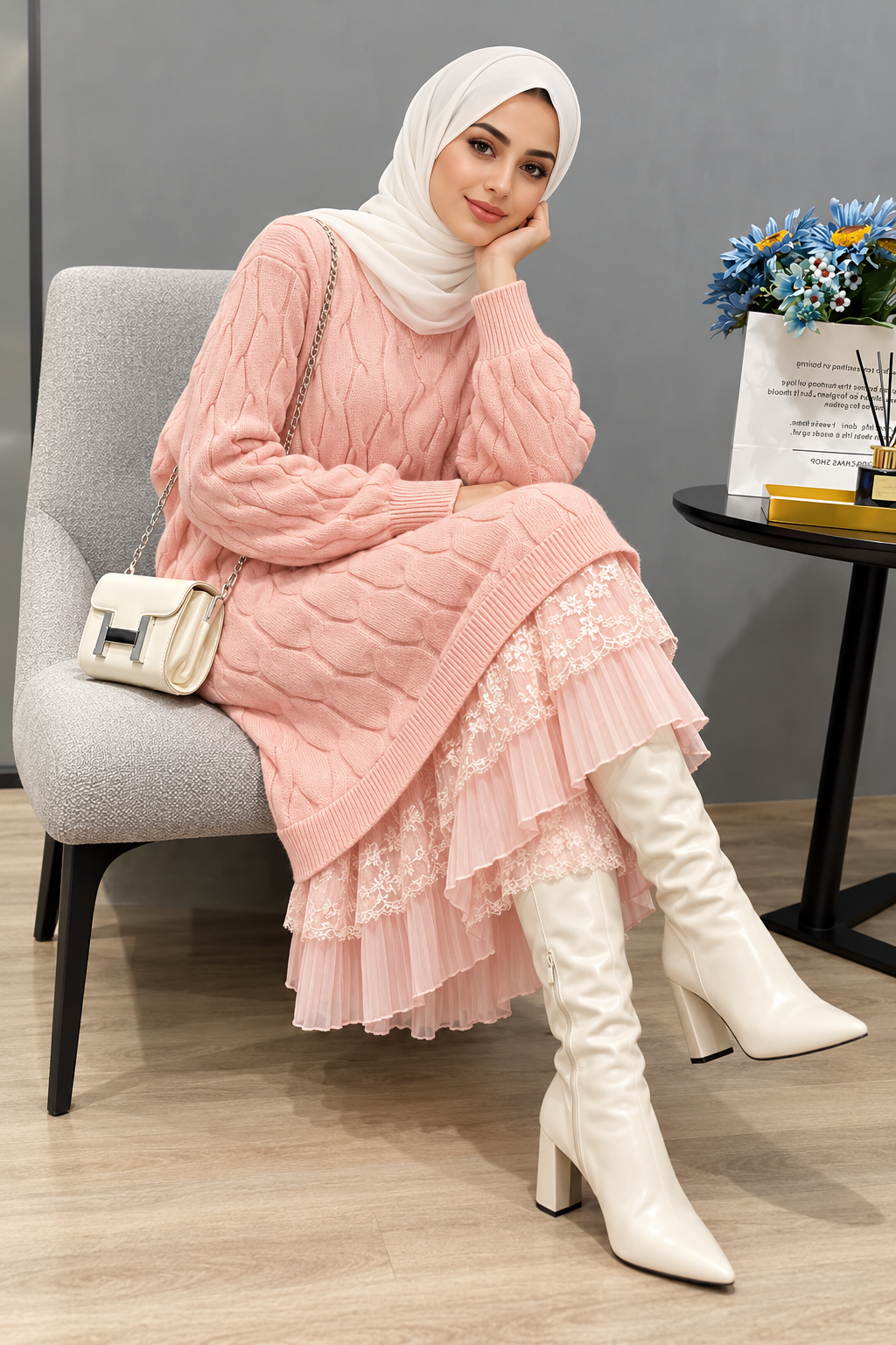 Knit Lace Tunic-Pink