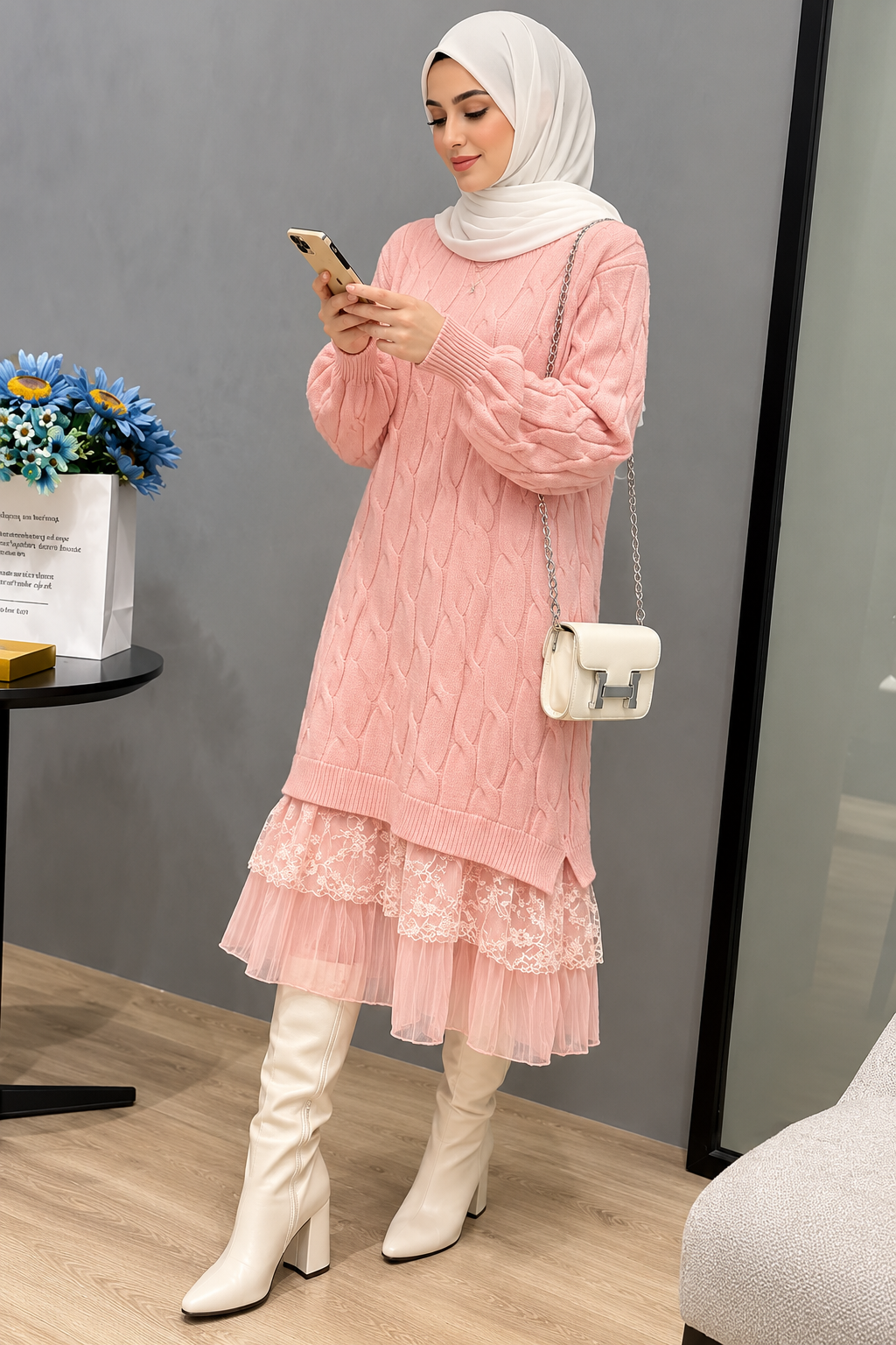 Knit Lace Tunic-Pink
