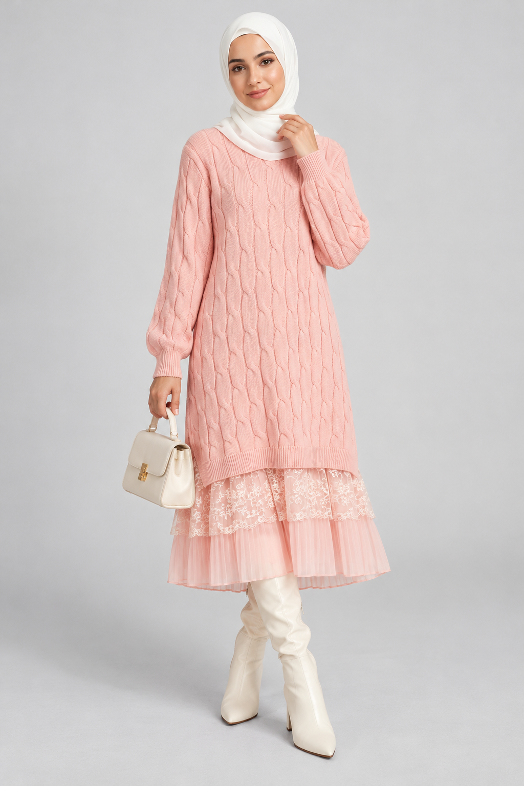 Knit Lace Tunic-Pink