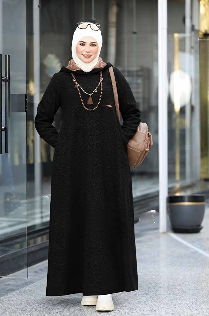 Fur Hoodie Dress - Black
