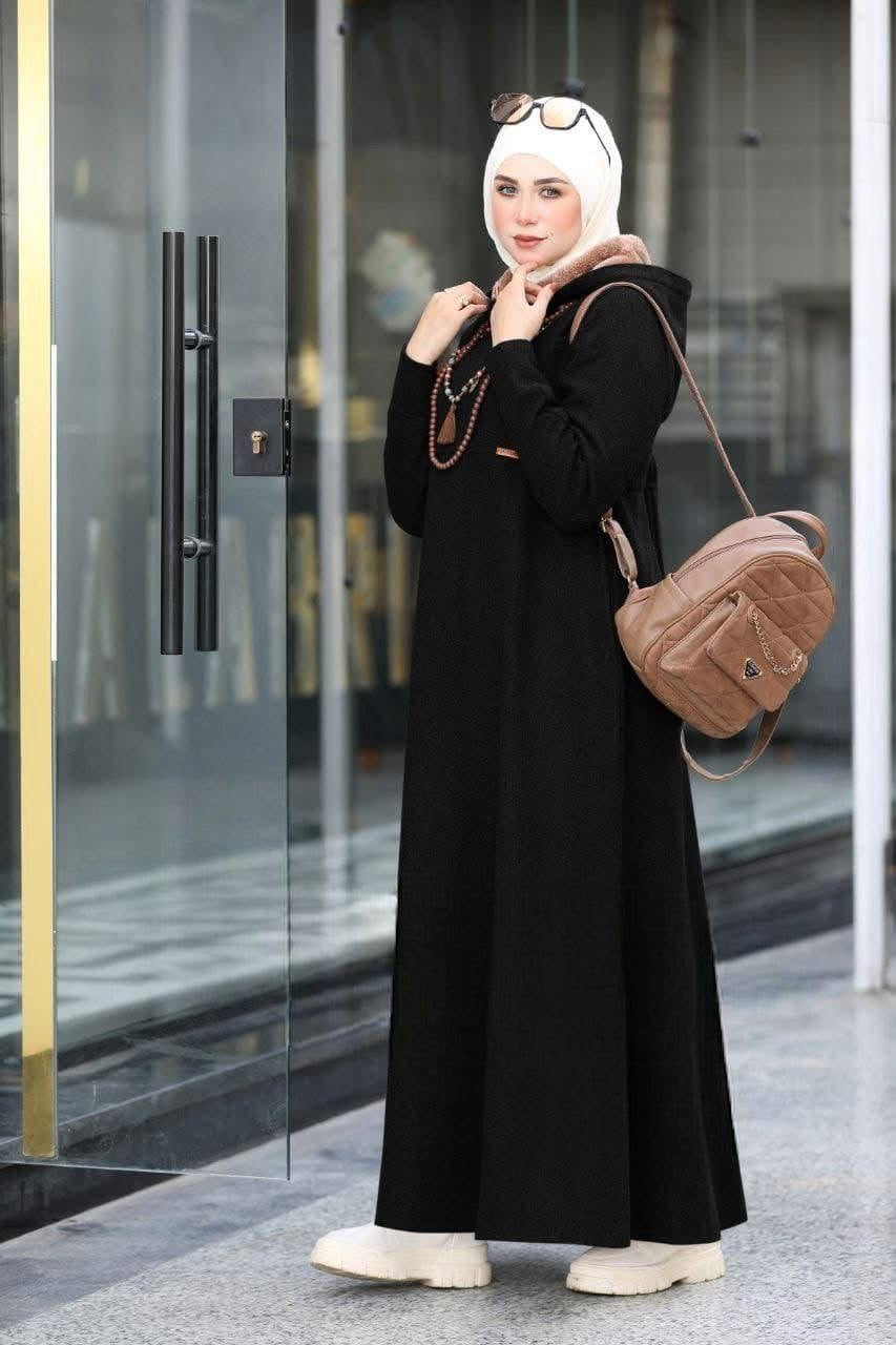 Fur Hoodie Dress - Black